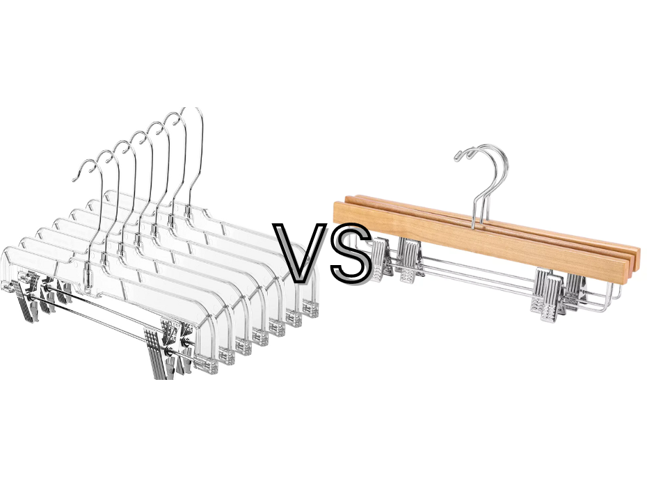 Plastic hangers compared with solid wood hangers (next)